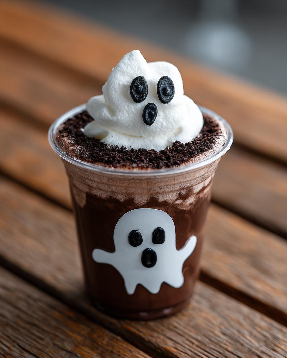 A spooky ghost chocolate milk drink topped with whipped cream and cookie crumbs, decorated with a ghost on the cup.