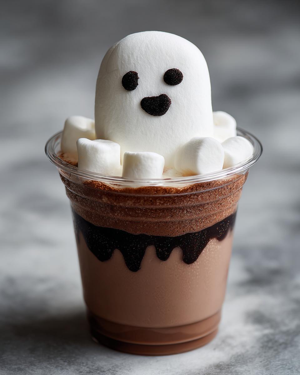 A fun ghost chocolate milk drink topped with a marshmallow ghost and mini marshmallows.
