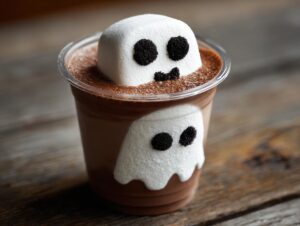 A spooky ghost chocolate milk drink decorated with marshmallow ghosts and black edible accents.