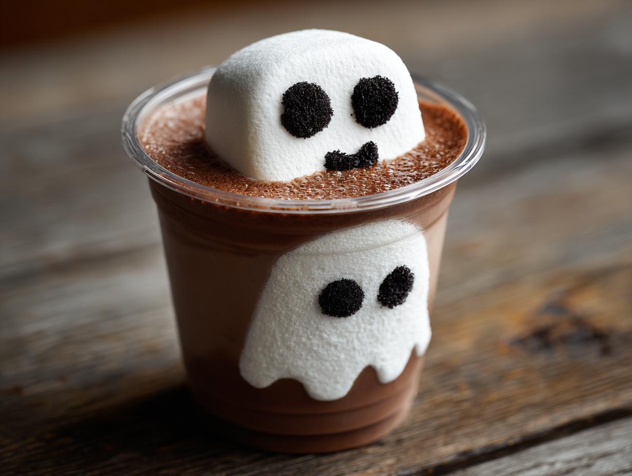A spooky ghost chocolate milk drink decorated with marshmallow ghosts and black edible accents.
