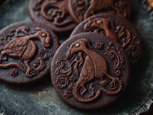 Close-up of dark ginger molasses cookies with intricate dragon and floral imprints.