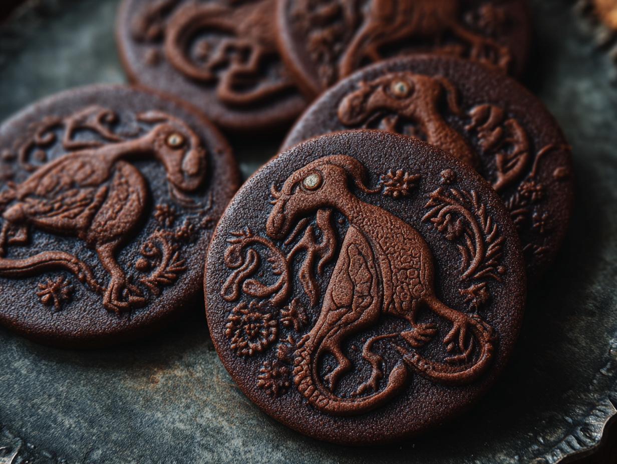 Close-up of dark ginger molasses cookies with intricate dragon and floral imprints.