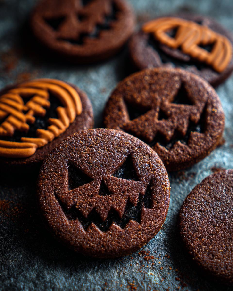Close-up of spooky ginger molasses cookies shaped like jack-o'-lanterns for Halloween.