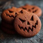 Close-up of spooky ginger molasses cookies shaped like jack-o'-lanterns, perfect for Halloween.