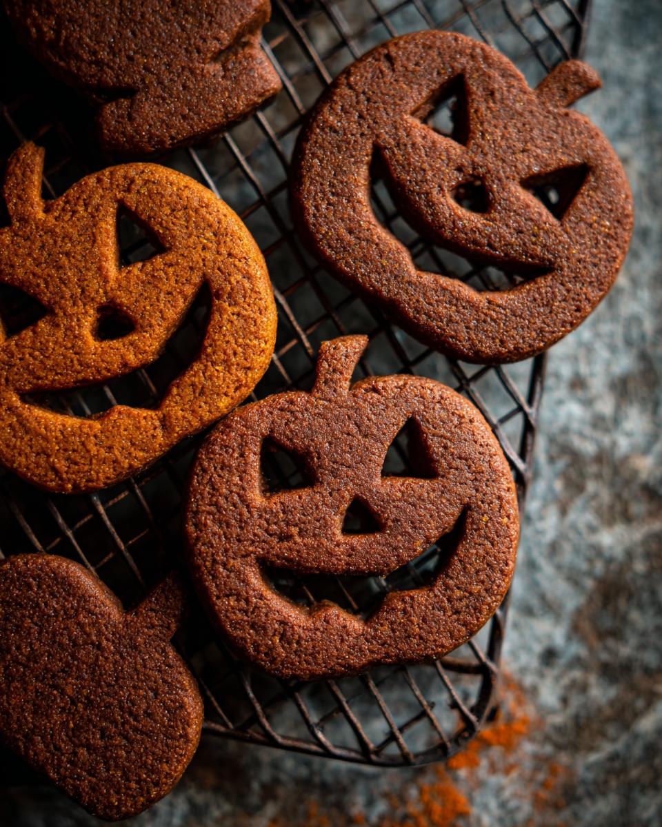 Close-up of spooky ginger molasses cookies cut into pumpkin shapes on a cooling rack.
