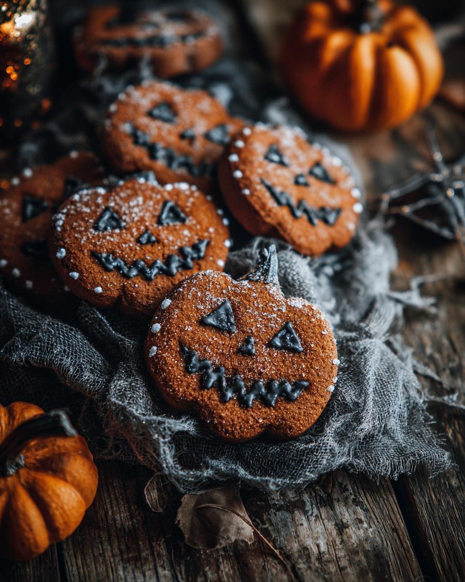 A pile of spooky ginger molasses cookies decorated as jack-o'-lanterns, perfect for Halloween.