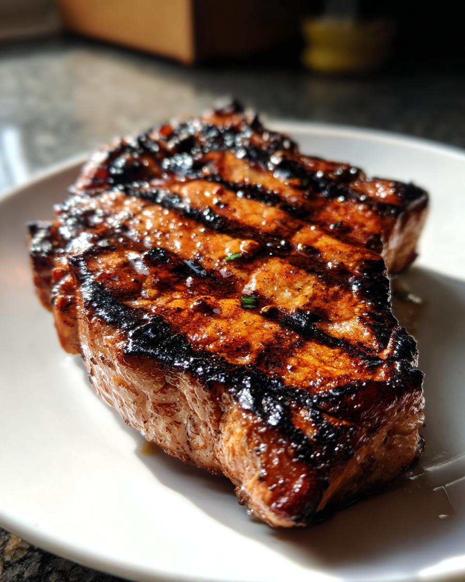 Close-up of perfectly grilled pork chops, showcasing the rich color and grill marks from the marinade.