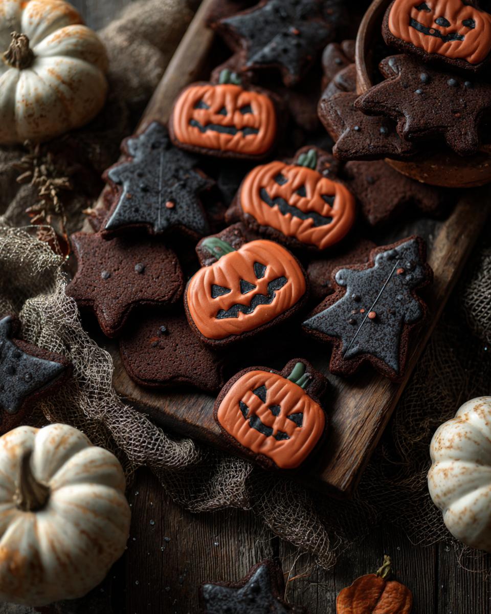 A festive assortment of Halloween ginger molasses cookies, featuring pumpkin and bat shapes, decorated with orange and black icing.