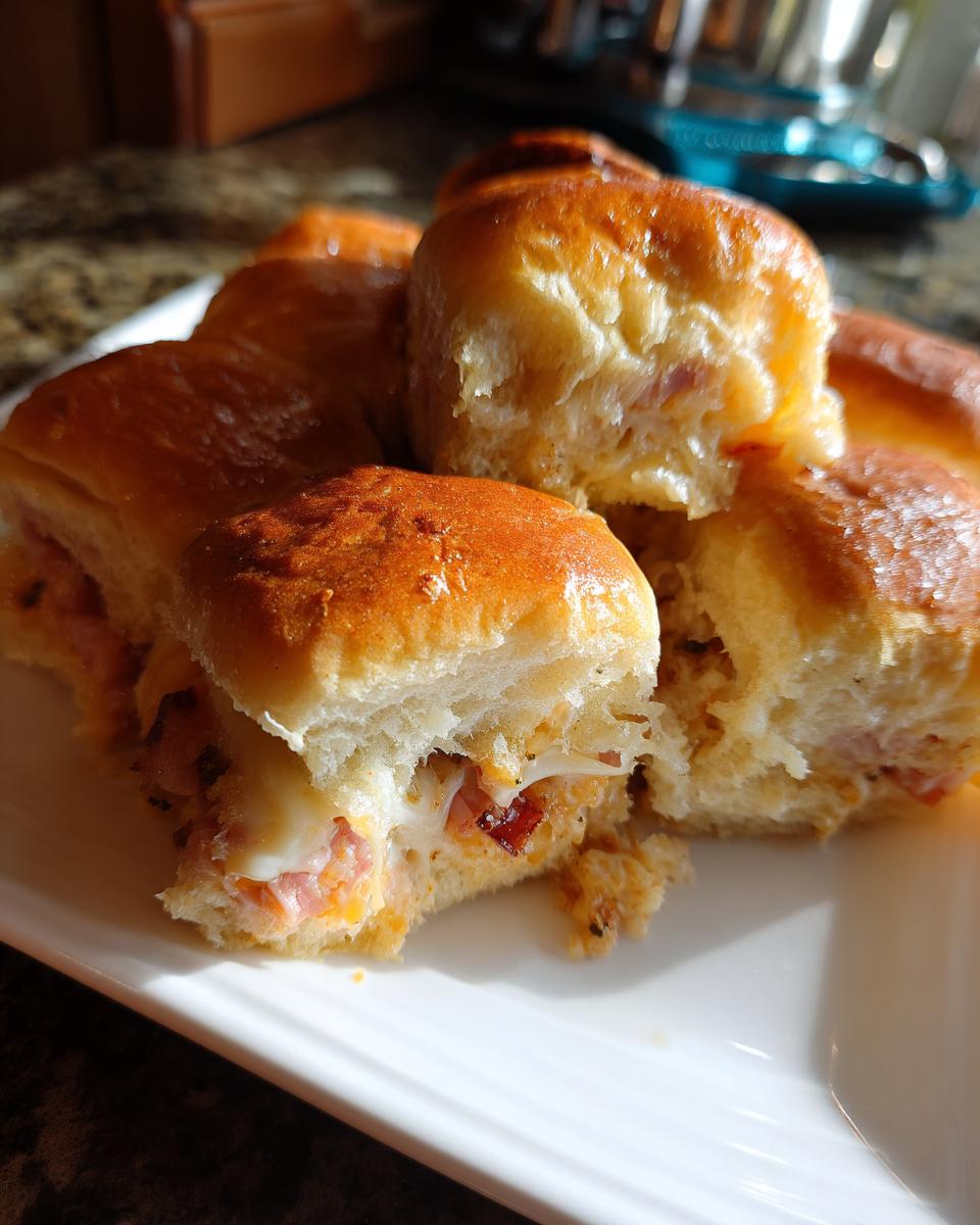 A close-up of golden-brown baked Ham and Cheese Sliders on a white plate, showing melted cheese and ham inside.