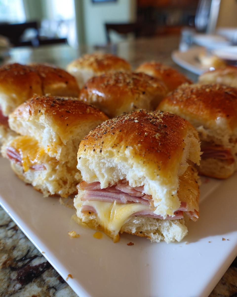 Close-up of a Ham and Cheese Slider with melted cheese oozing out, sprinkled with seasoning.