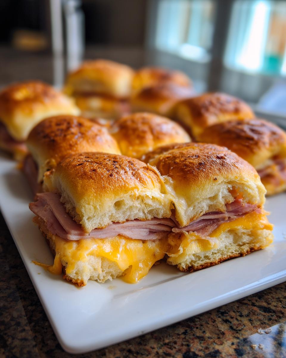 Close-up of delicious Ham and Cheese Sliders with melted cheddar cheese oozing out.