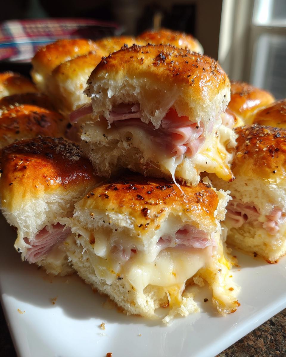 Close-up of delicious Ham and Cheese Sliders with melted cheese oozing out.