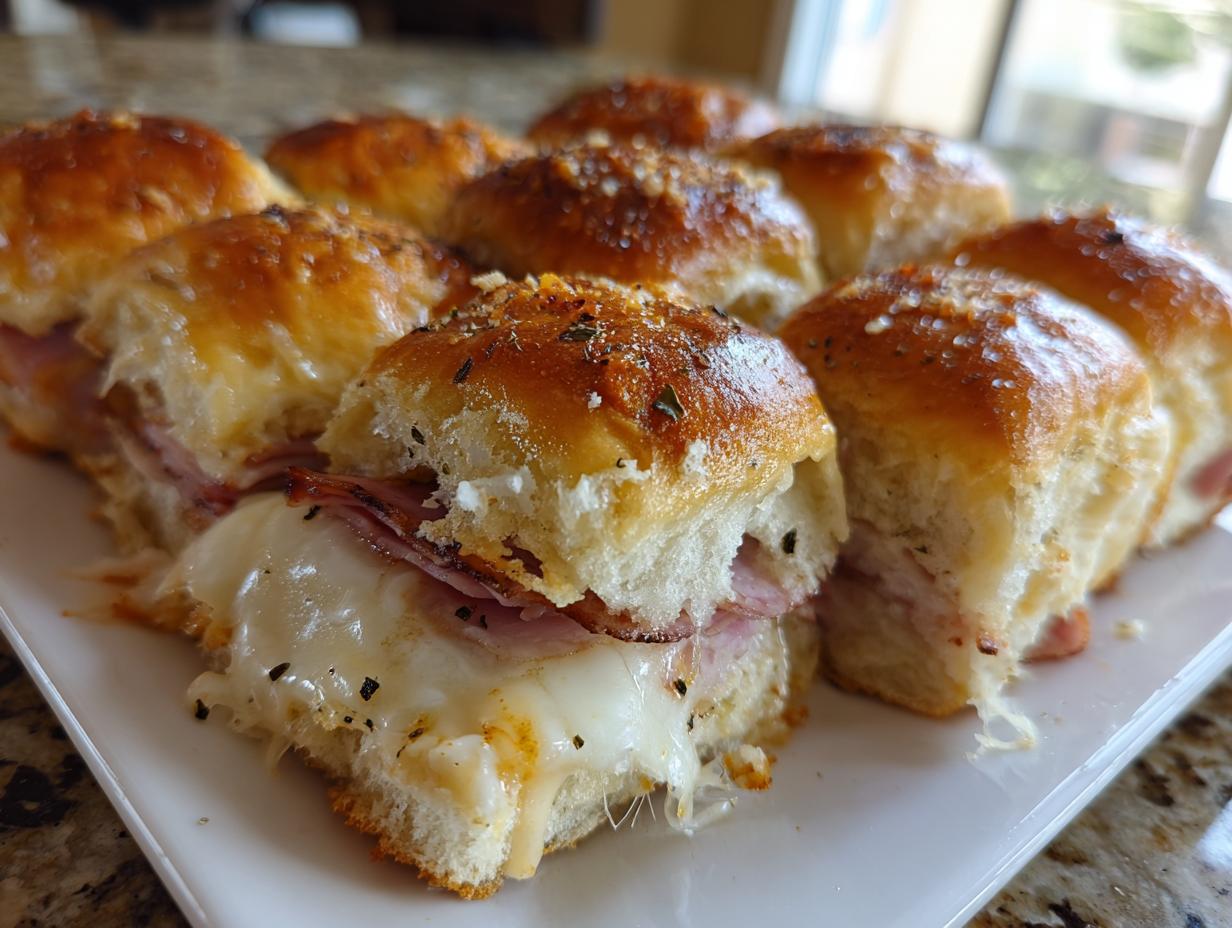 Close-up of delicious ham and cheese sliders with melted cheese and toasted buns, sprinkled with herbs.