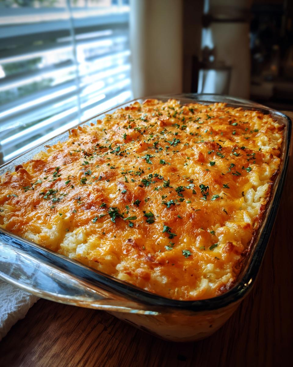 A golden-brown baked hashbrown casserole topped with melted cheese and fresh parsley, ready to serve.