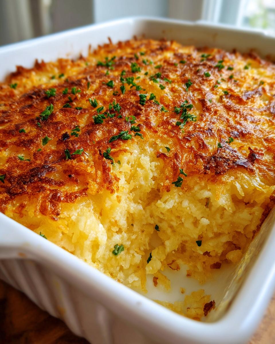 A close-up of a golden-brown baked hashbrown casserole in a white baking dish, sprinkled with fresh parsley.