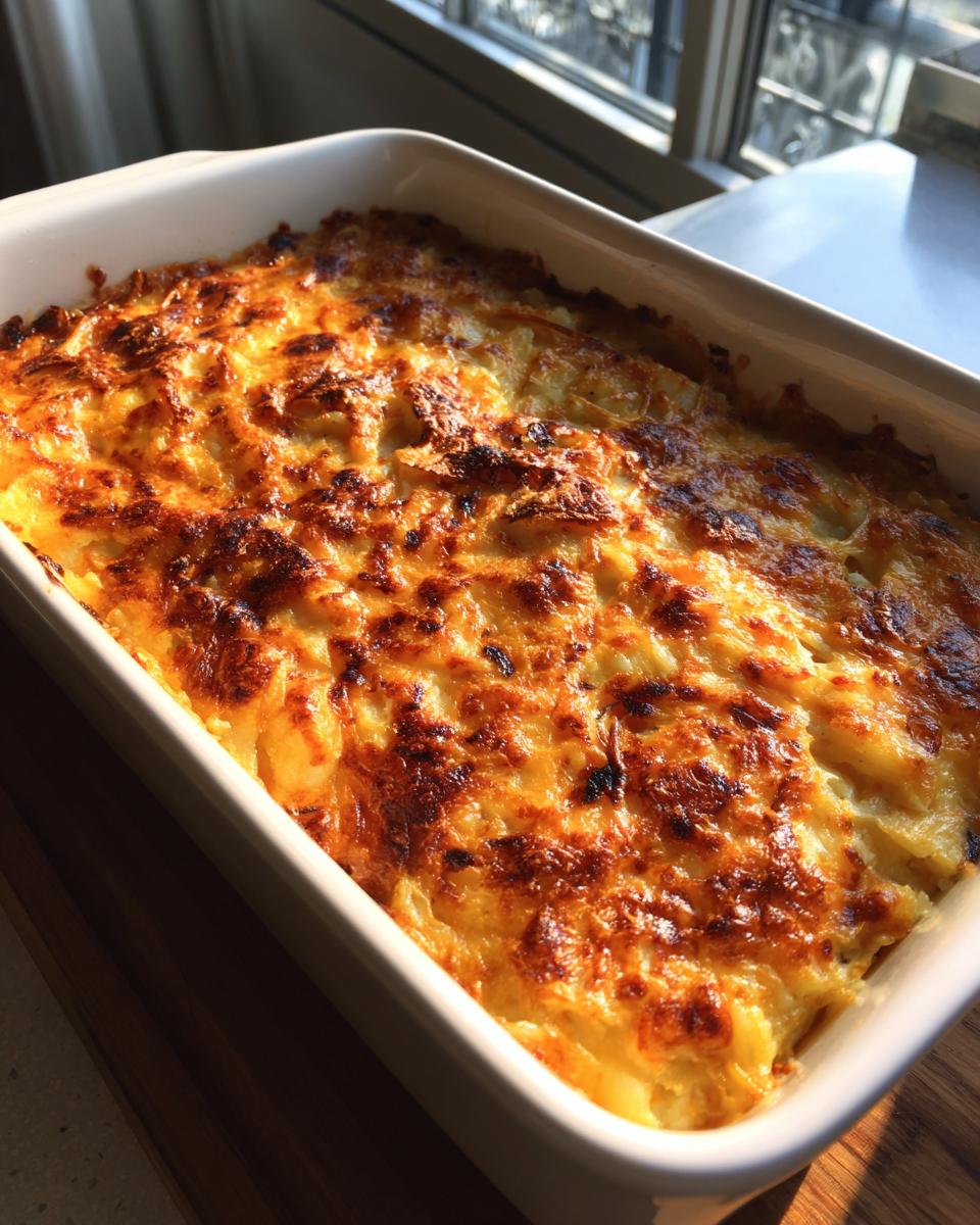 A close-up of a golden-brown, bubbly hashbrown casserole in a white baking dish, ready to serve.