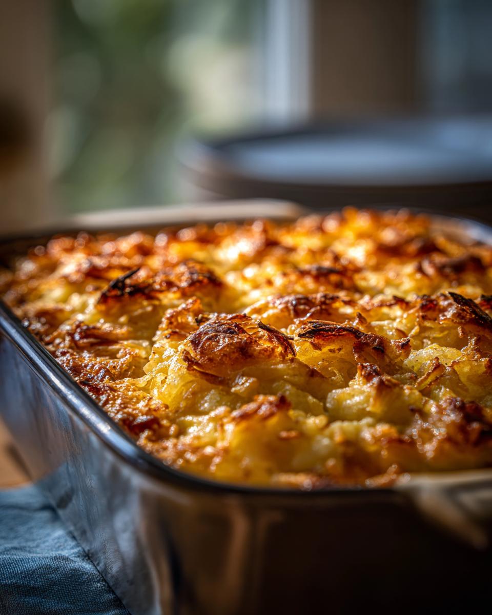 Close-up of a golden brown, bubbly hashbrown casserole in a baking dish, ready to serve.