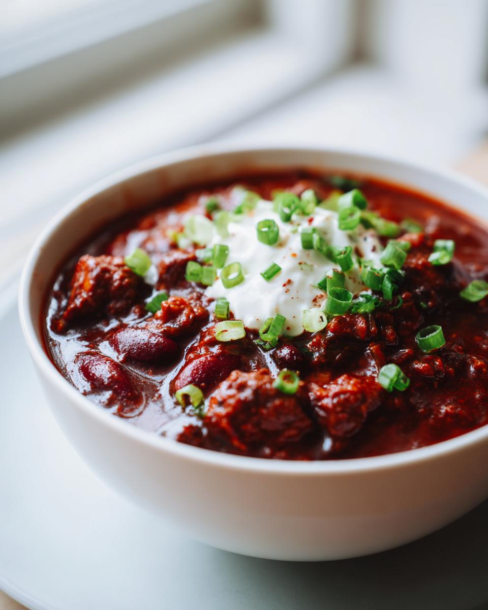 A close-up of a bowl of hearty chili, topped with a dollop of sour cream and chopped green onions.