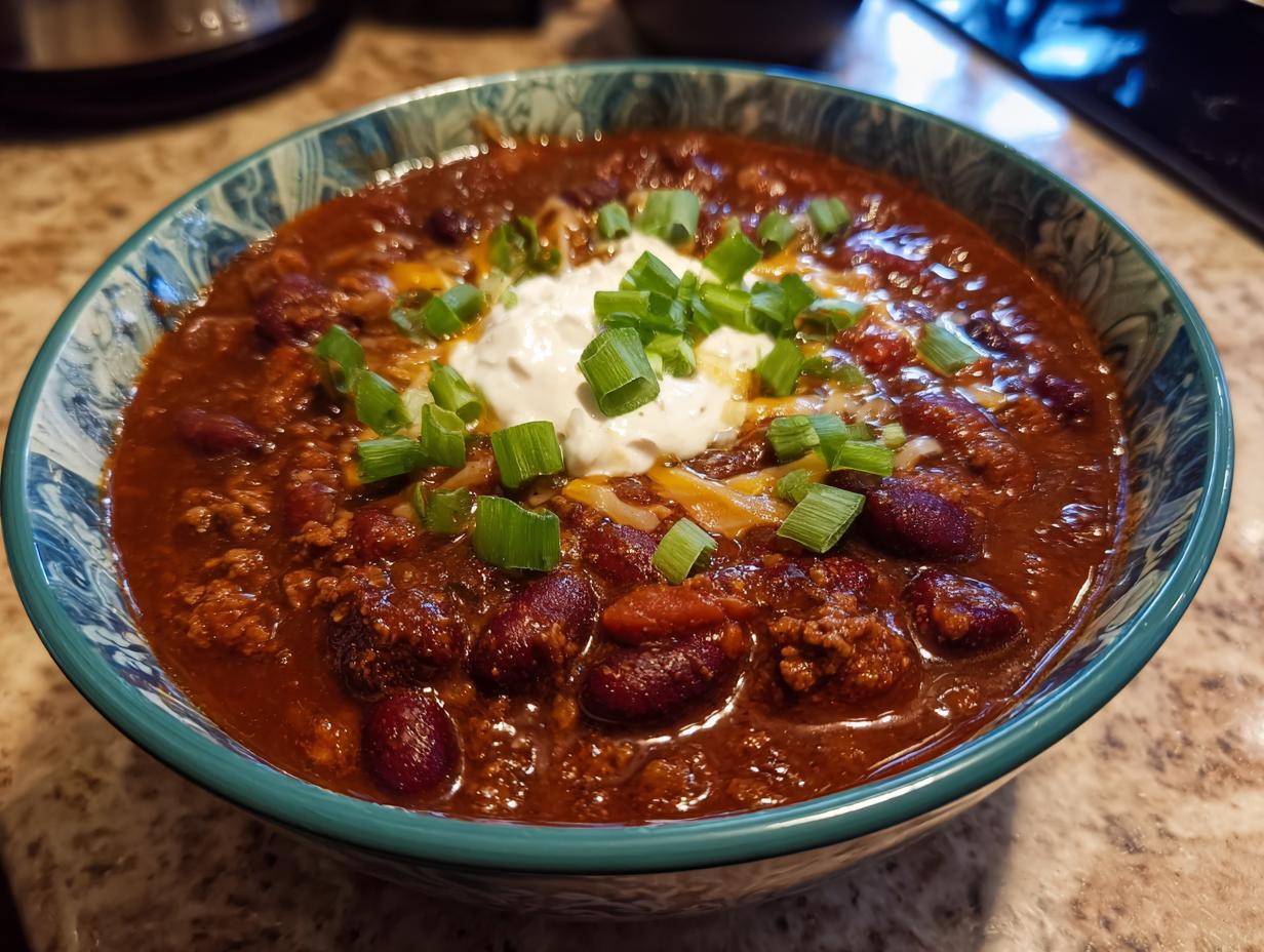 A close-up of a bowl of hearty 1-pot chili, topped with sour cream, shredded cheese, and chopped green onions.