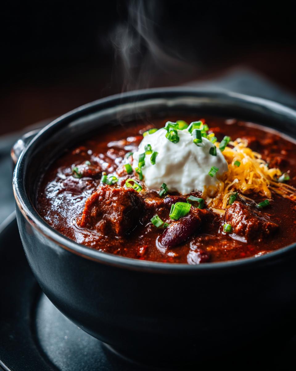 A close-up of a steaming bowl of hearty chili, topped with sour cream, shredded cheese, and chopped green onions.