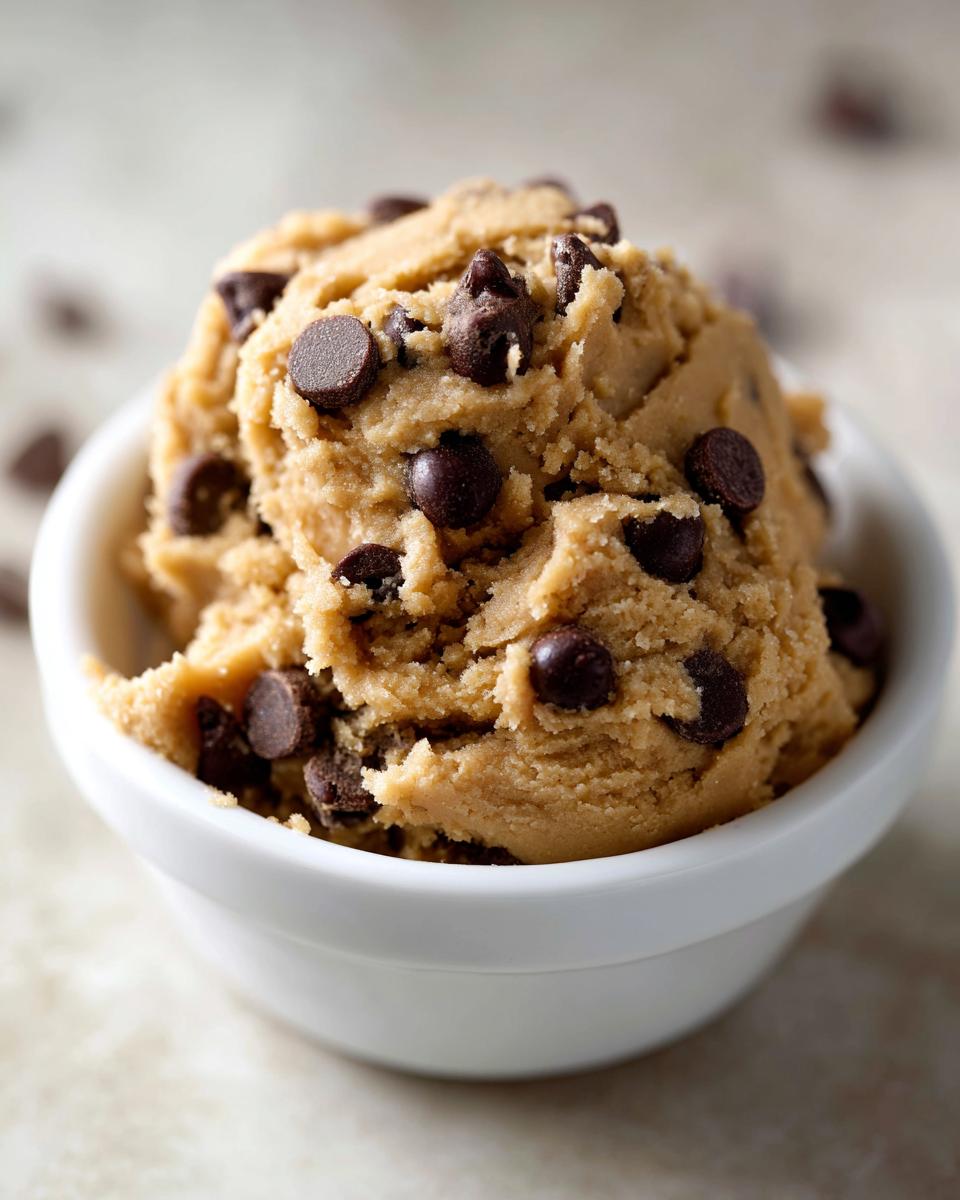 A close-up shot of a scoop of high protein cookie dough with chocolate chips in a white bowl.
