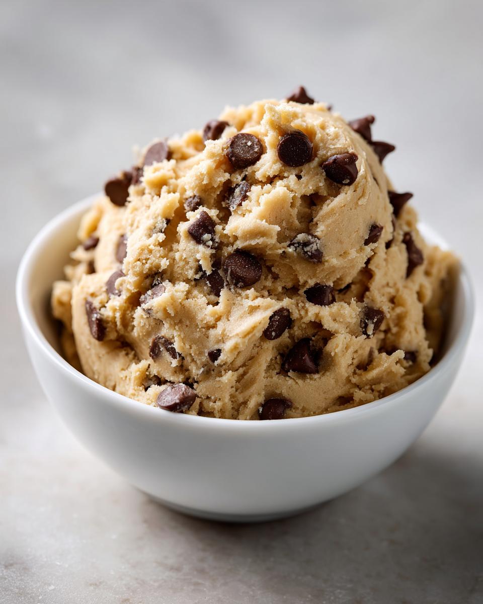 A white bowl filled with delicious high protein cookie dough studded with chocolate chips.
