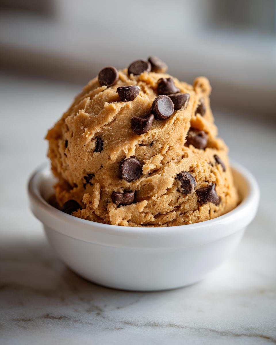 A scoop of delicious high protein cookie dough loaded with chocolate chips in a white bowl.