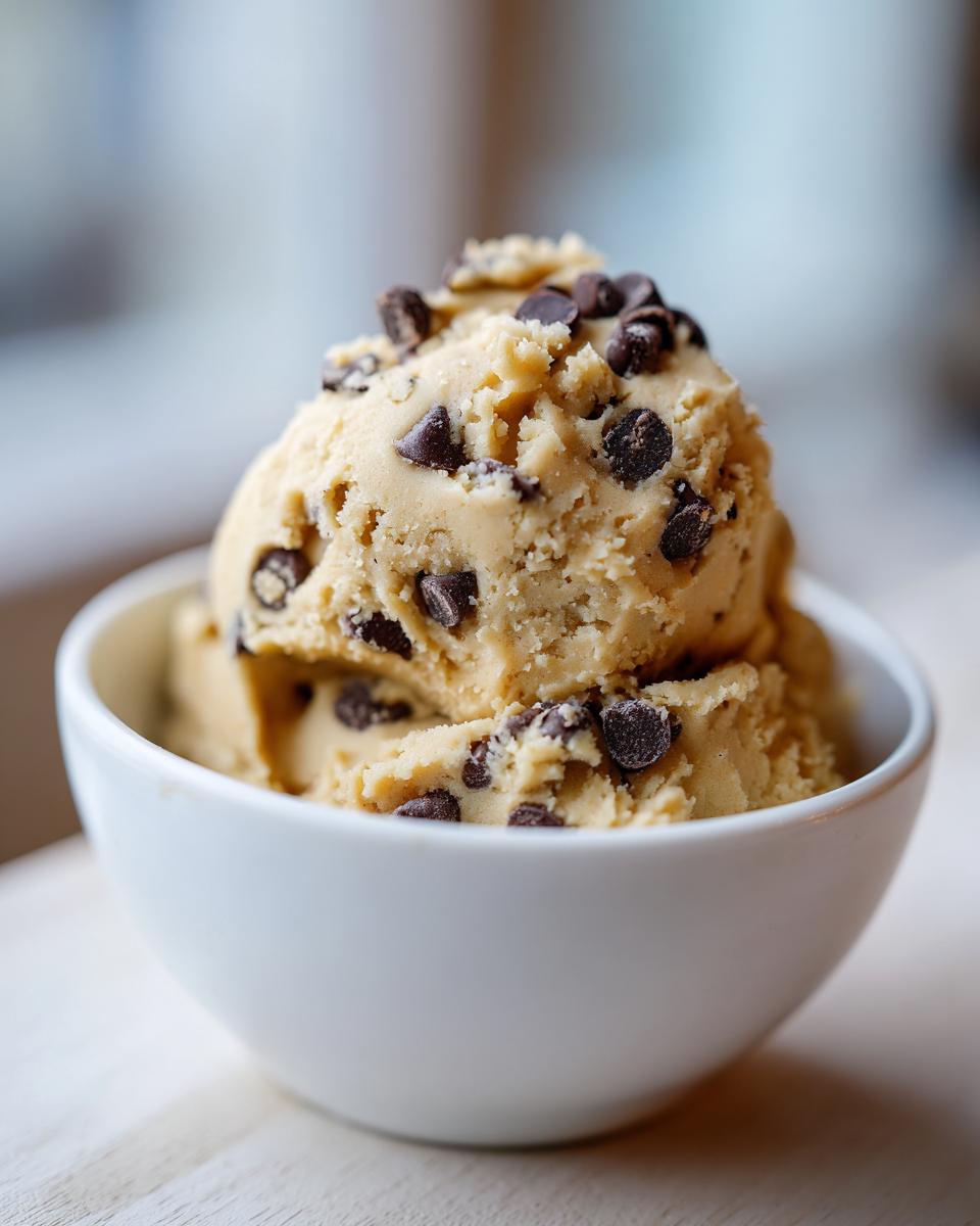 A scoop of delicious high protein cookie dough loaded with chocolate chips, served in a white bowl.