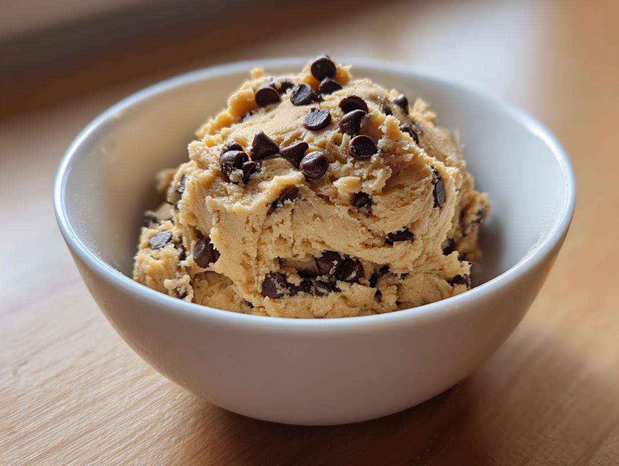 A white bowl filled with creamy high protein cookie dough studded with chocolate chips.