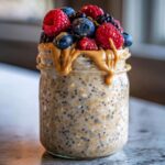 A jar of high protein overnight oats topped with fresh berries, peanut butter drizzle, and chia seeds.