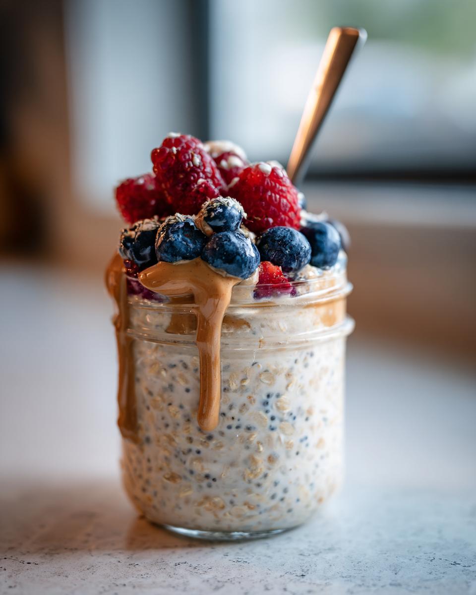 A jar of high protein overnight oats topped with fresh blueberries, raspberries, and a drizzle of peanut butter.
