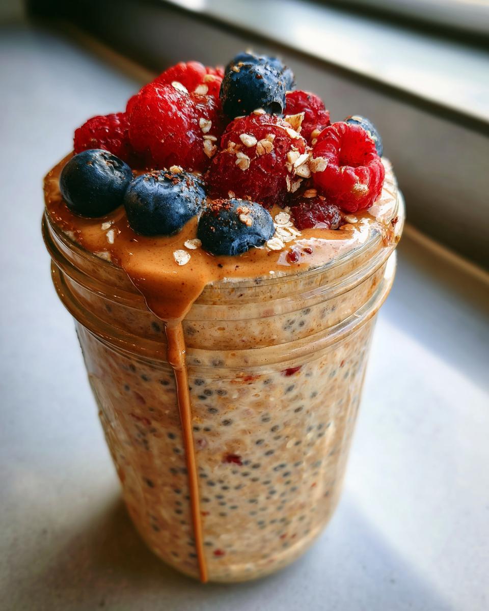 A close-up of high protein overnight oats in a jar, topped with fresh berries, peanut butter drizzle, and oats.