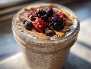 Close-up of high protein overnight oats in a jar, topped with fresh berries, peanut butter drizzle, and nuts.