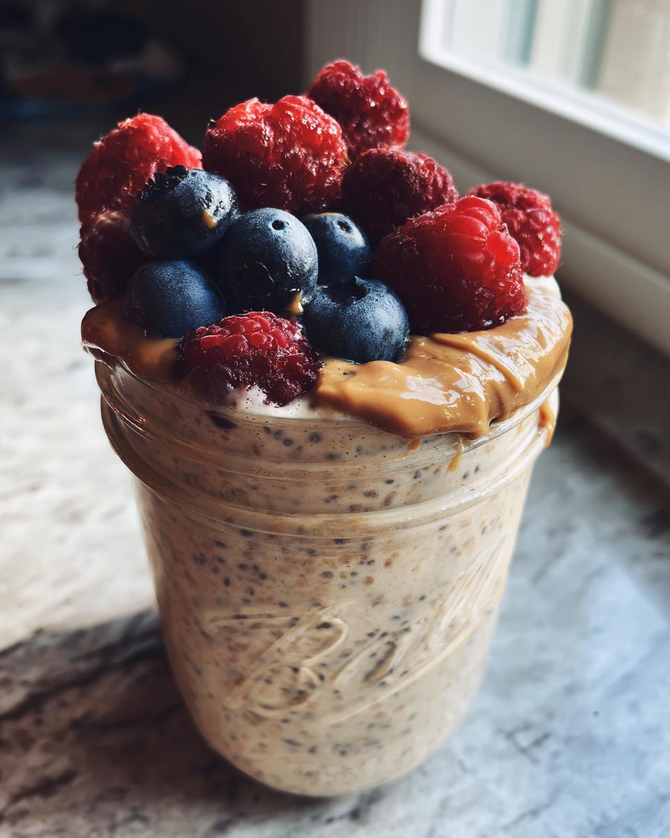 A jar of high protein overnight oats topped with peanut butter, blueberries, and raspberries.