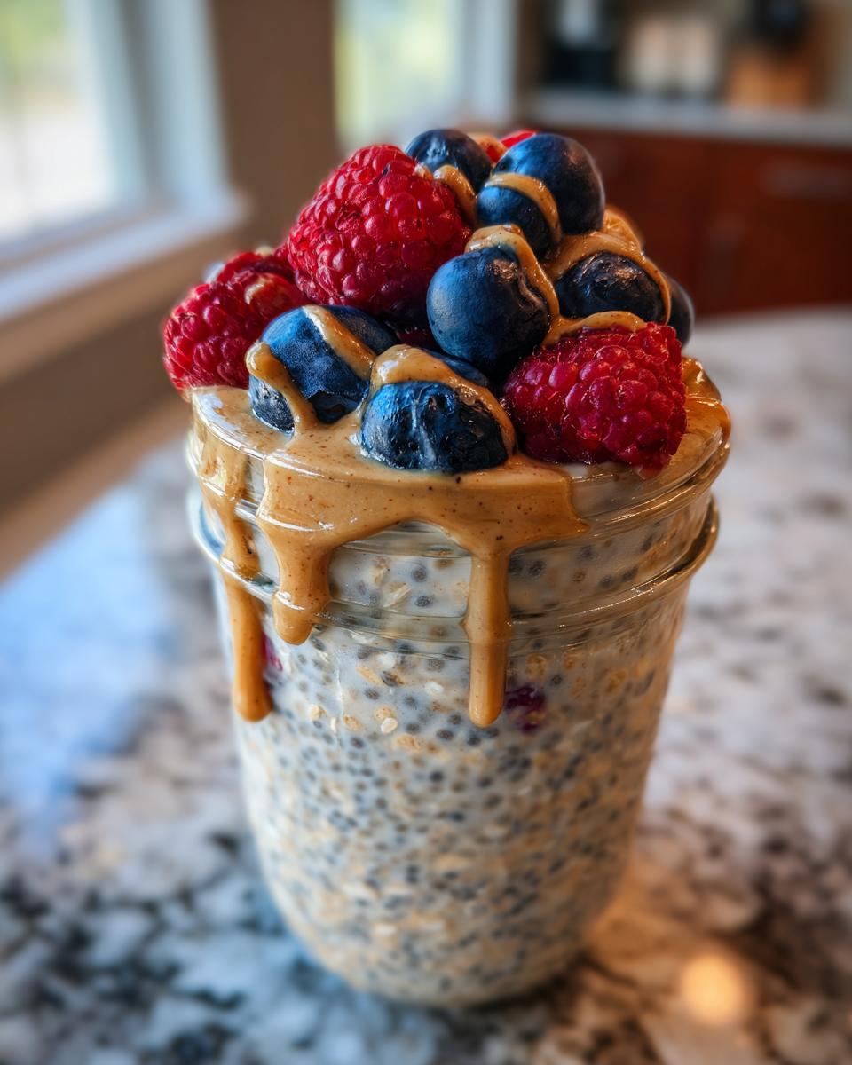 A jar filled with high protein overnight oats, topped with fresh blueberries, raspberries, and a drizzle of peanut butter.