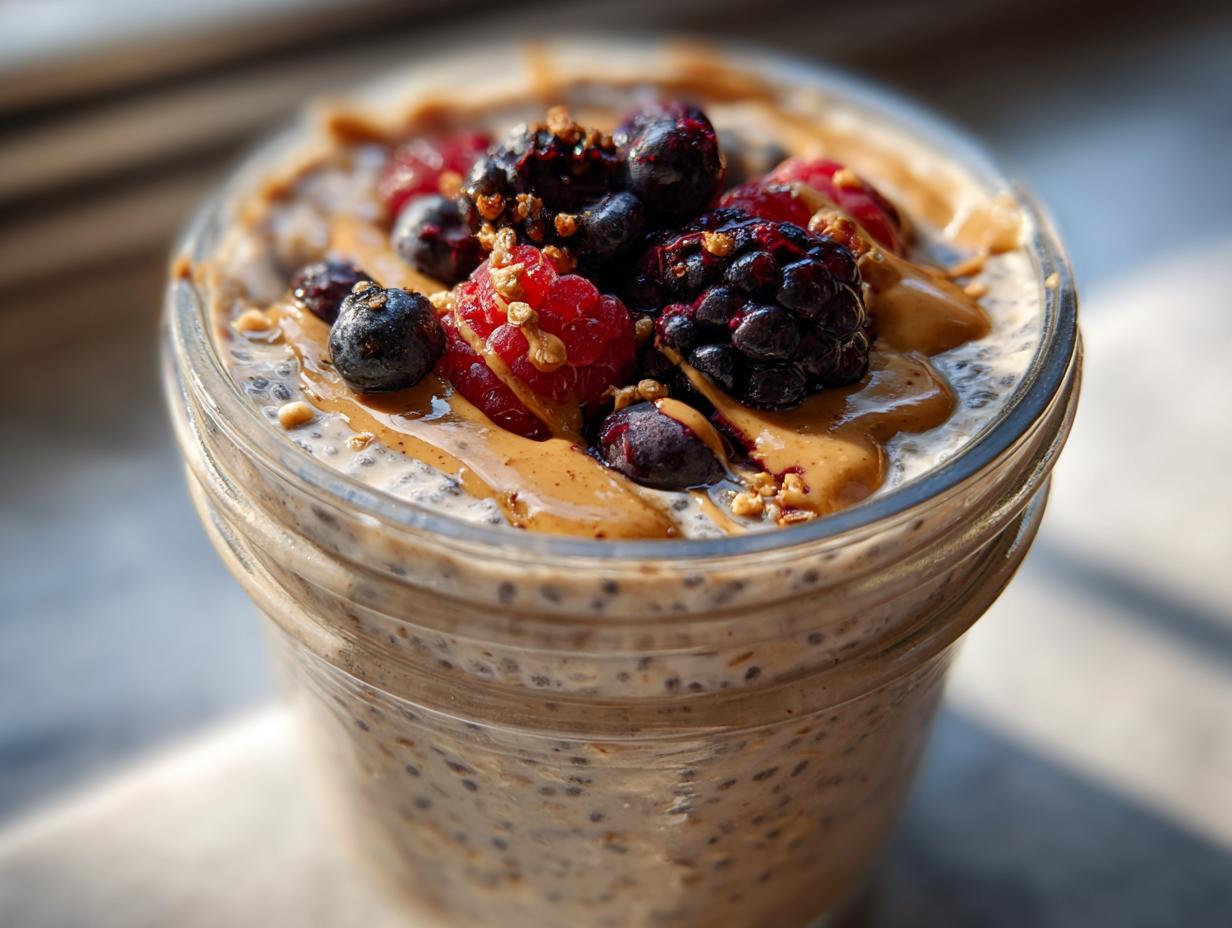 Close-up of high protein overnight oats in a jar, topped with fresh berries, peanut butter drizzle, and nuts.