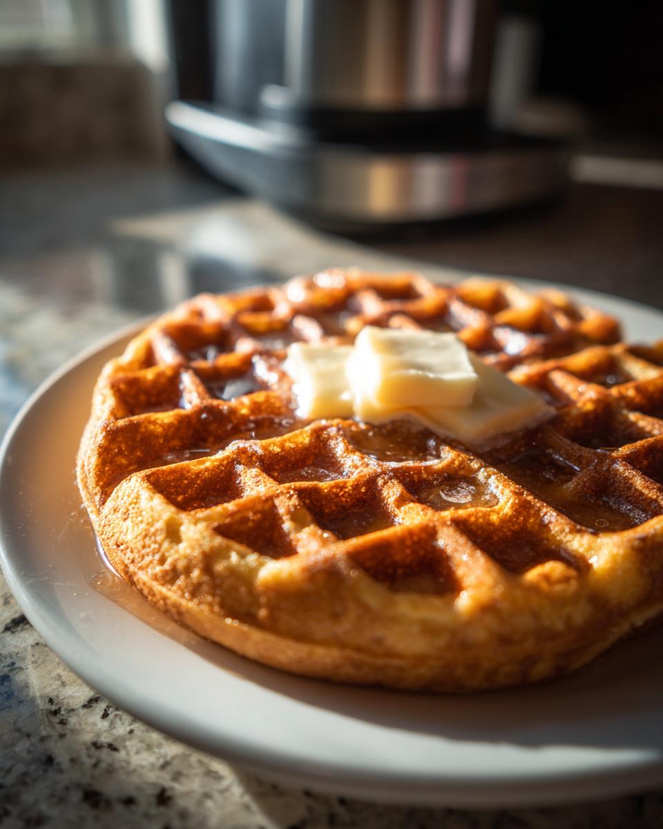 A golden brown high protein waffle topped with melting butter and syrup on a white plate.