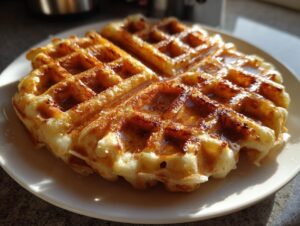 A close-up of a golden-brown high protein waffle drizzled with syrup on a white plate.