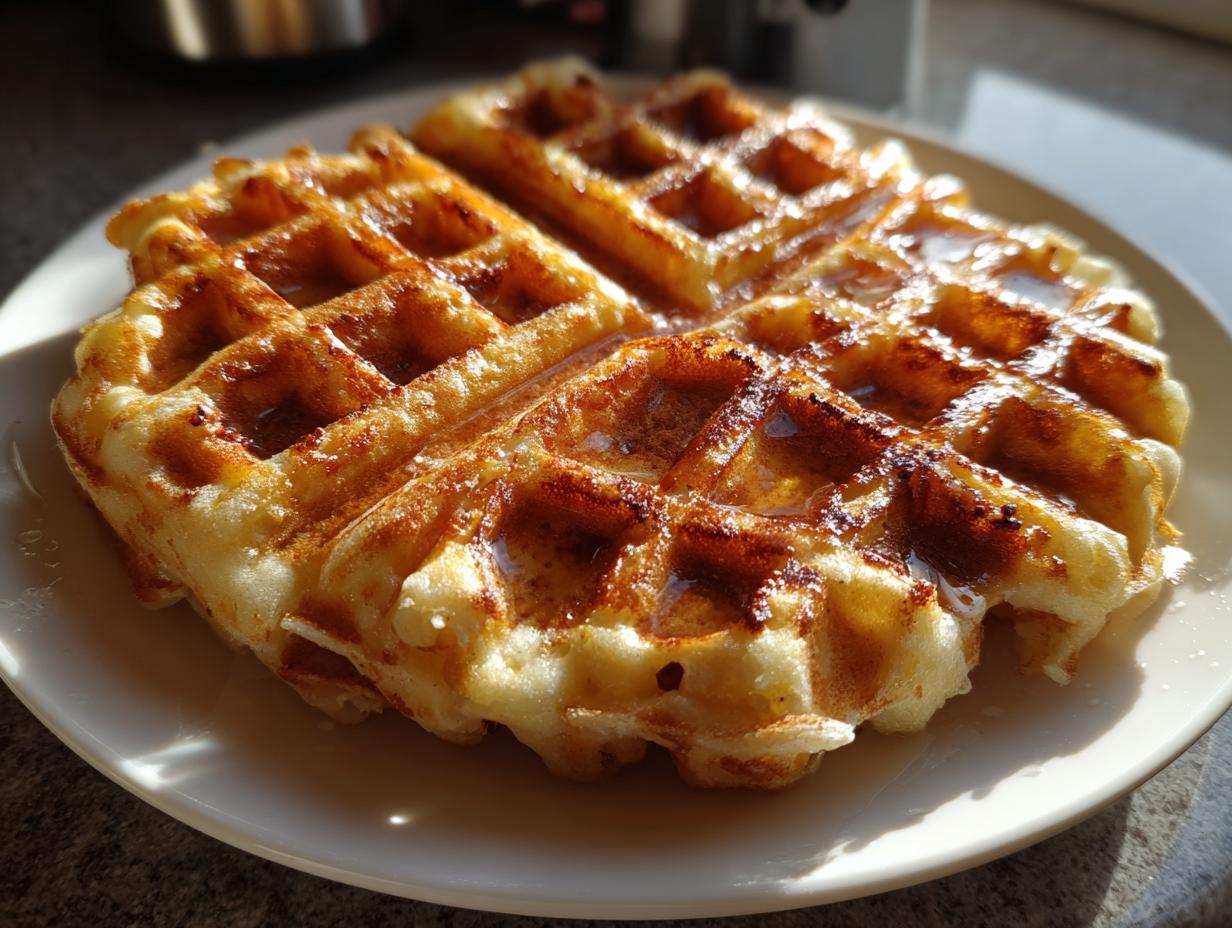 A close-up of a golden-brown high protein waffle drizzled with syrup on a white plate.