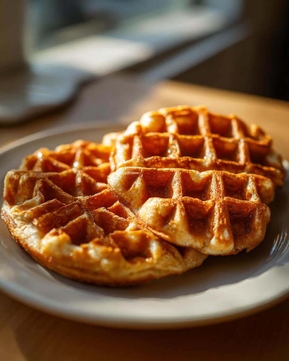 Close-up of two golden-brown high protein waffles stacked on a white plate, bathed in soft sunlight.