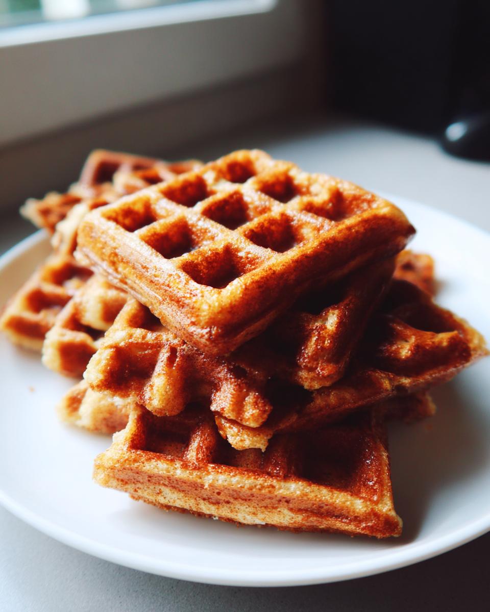 A stack of golden-brown high protein waffles on a white plate, ready to be enjoyed.