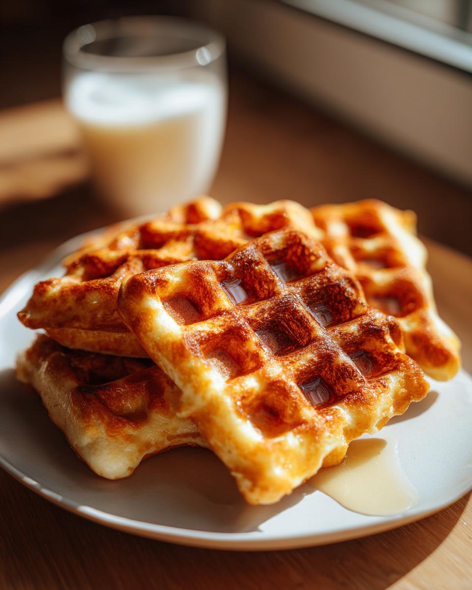 A stack of golden-brown high protein waffles drizzled with syrup on a white plate, with a glass of milk in the background.