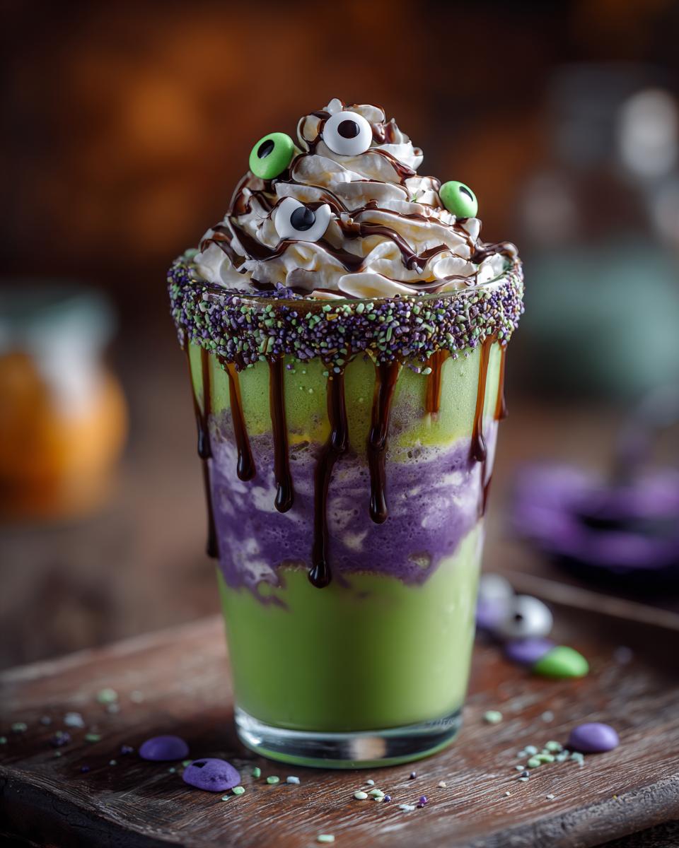 A festive Hocus Pocus milkshake with green and purple layers, whipped cream, chocolate drizzle, and candy eyeballs.
