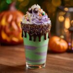 A green and purple striped hocus pocus milkshake topped with whipped cream, candy eyes, and sprinkles.