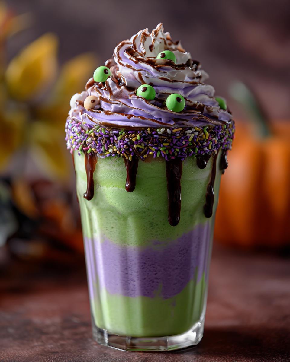 A festive Hocus Pocus milkshake with green and purple layers, whipped cream, chocolate drizzle, and candy eyes.