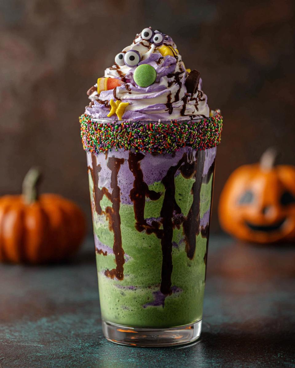 A spooky Hocus Pocus milkshake with green and purple layers, chocolate drizzle, whipped cream, candy eyes, and sprinkles.