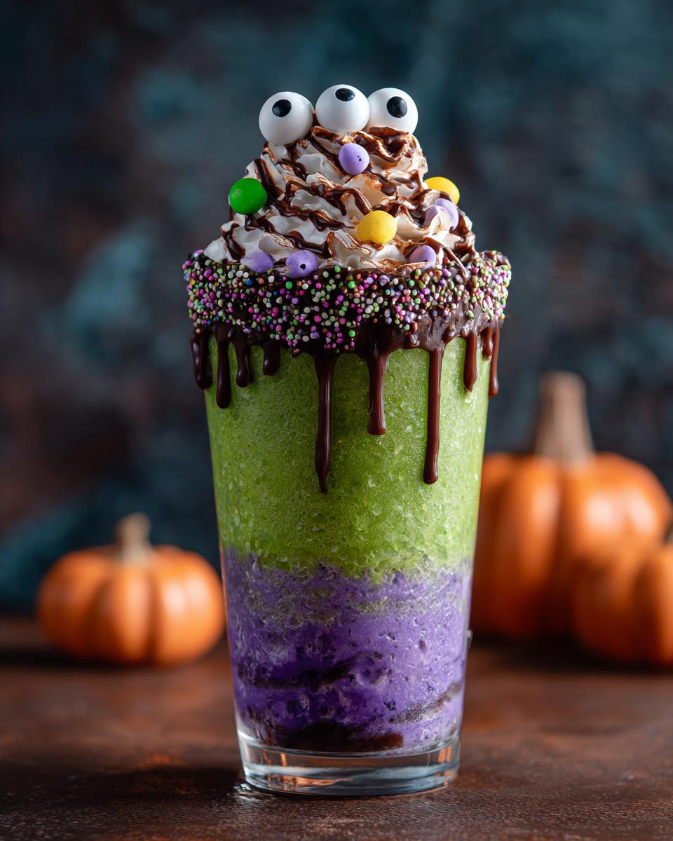 A fun and spooky Hocus Pocus milkshake with green and purple layers, topped with whipped cream, chocolate drizzle, candy eyes, and sprinkles.