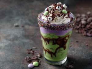 A fun Hocus Pocus milkshake with green and purple layers, whipped cream, chocolate drizzle, candy eyes, and colorful sprinkles.