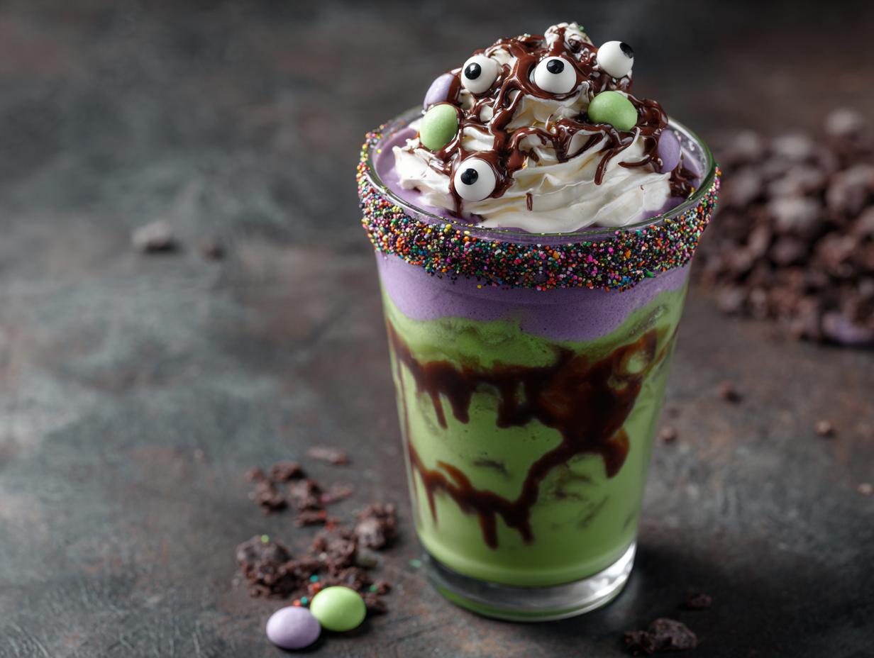 A fun Hocus Pocus milkshake with green and purple layers, whipped cream, chocolate drizzle, candy eyes, and colorful sprinkles.