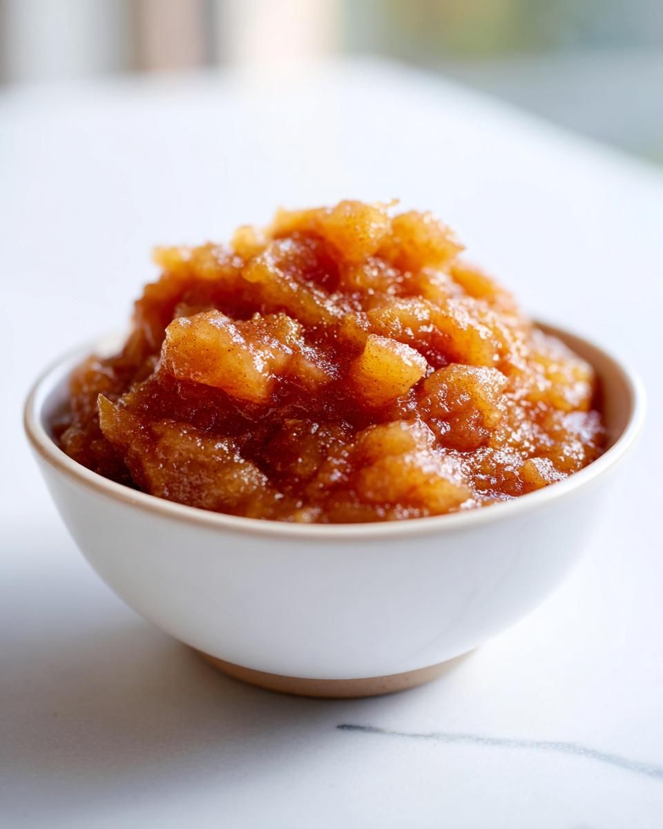 A close-up of a white bowl filled with chunky, spiced homemade applesauce.